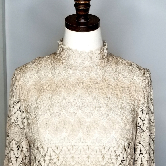 Free People Medium Light Brown Nude Lace Bell Sleeve Short Cocktail Party Dress - Picture 3 of 10